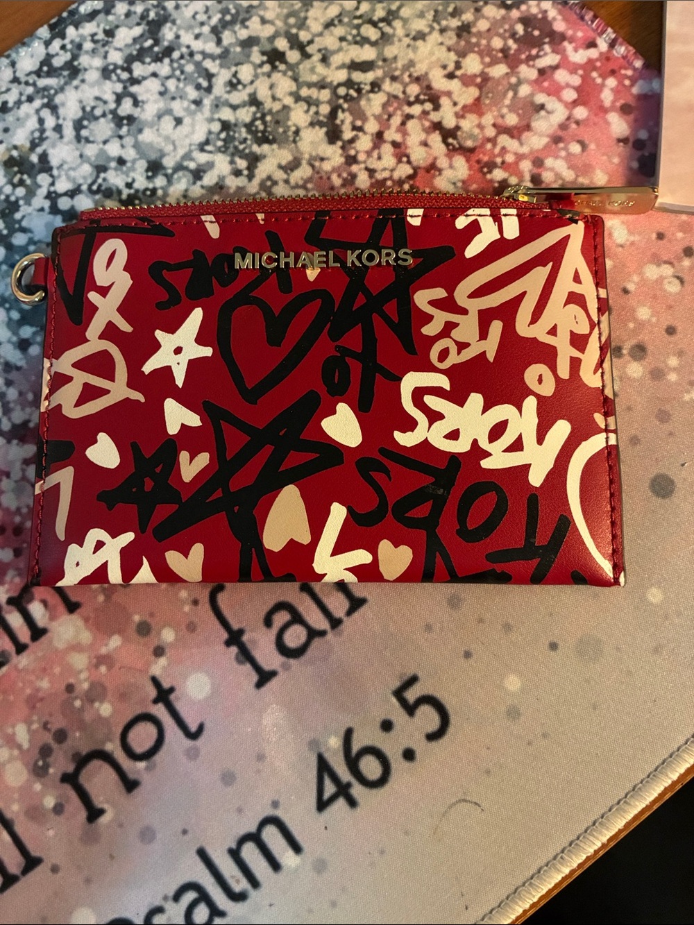 NWOT Michael Kors Red Graffiti Zip Card Case with Black & White Accents